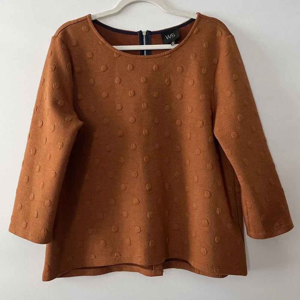 W5 Textured Dot Tunic Top 3/4 Sleeve Scoop Neck Brown Women's Size L